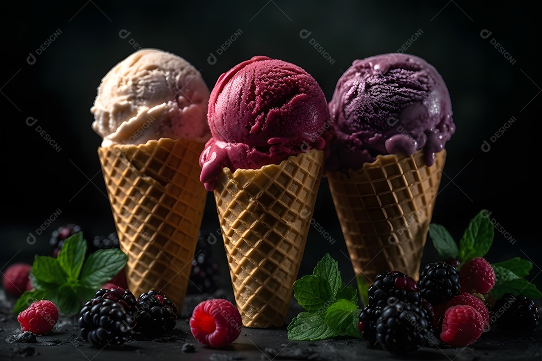 Varias Casquinhas De Sorvete De Vários Sabores e Frutas Ao Redor