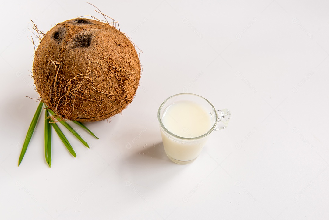 Leite de coco e coco em fundo branco