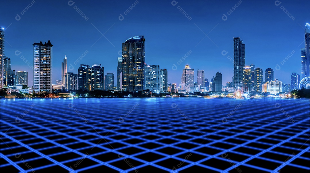 Paisagem urbana de edifício moderno à noite com piso azul vazio em frente ao edifício