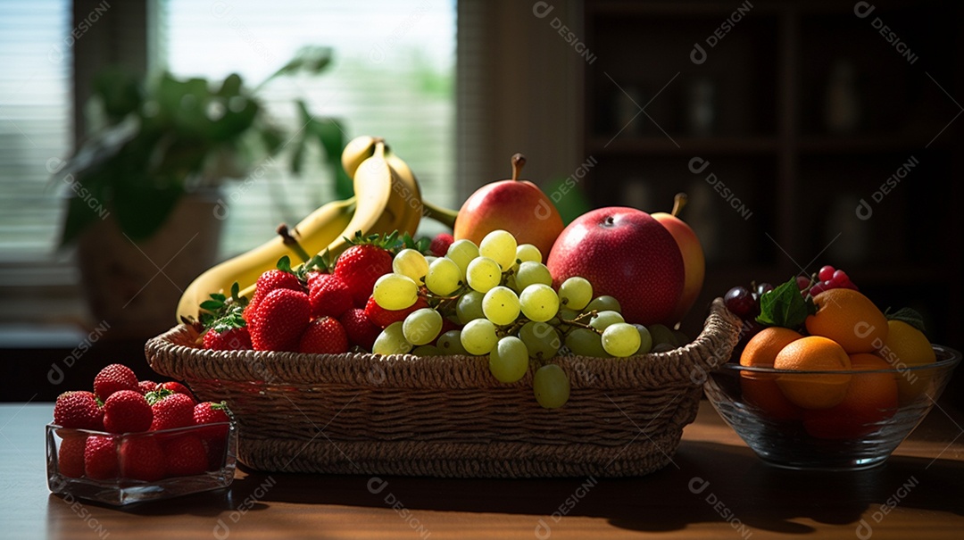Frutas sobre cesta saudáveis e frescas sobre fundo isolado