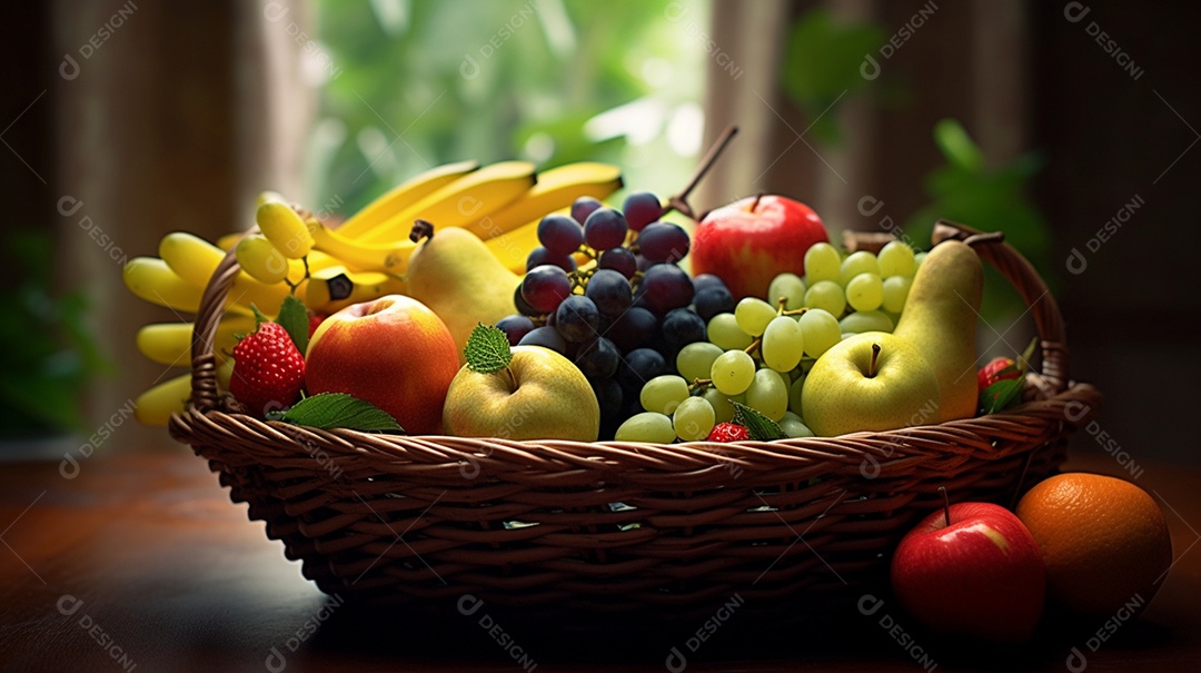 Frutas sobre cesta saudáveis e frescas sobre fundo isolado