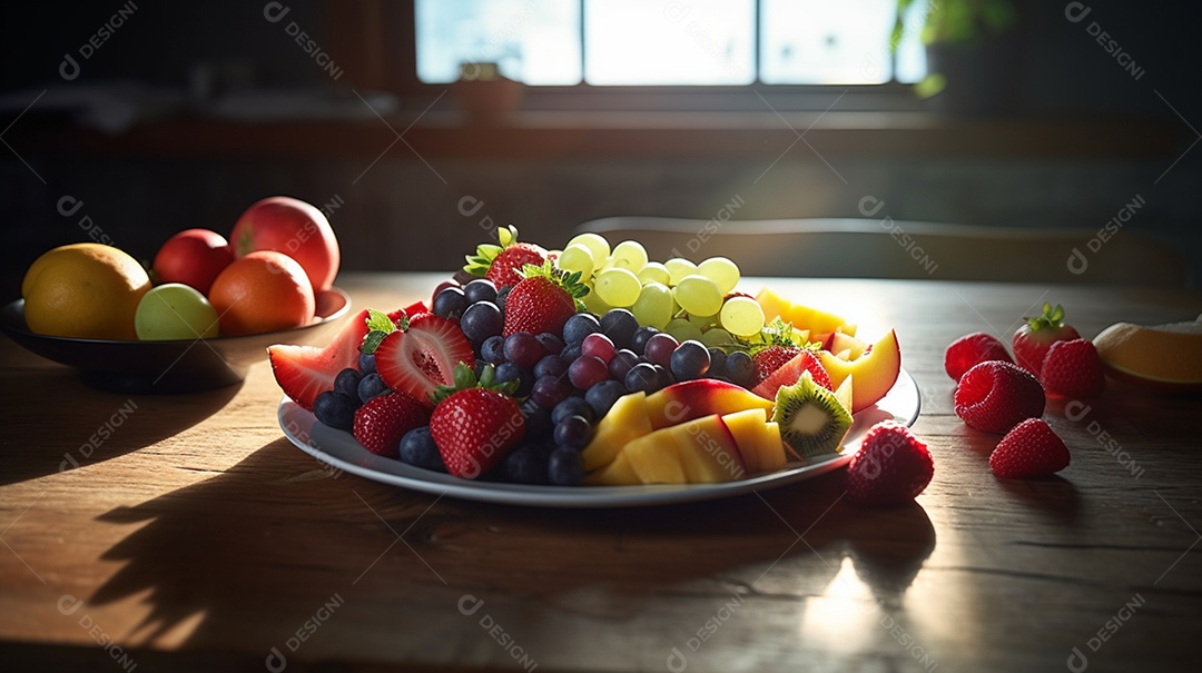 Frutas sobre prato em uma mesa de madeira