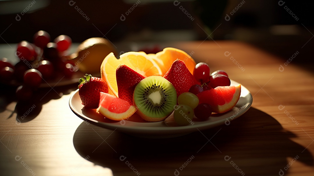 Frutas sobre prato em uma mesa de madeira