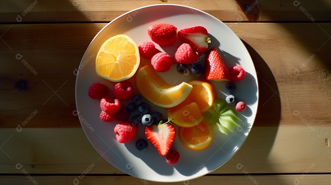 Frutas sobre prato em uma mesa de madeira
