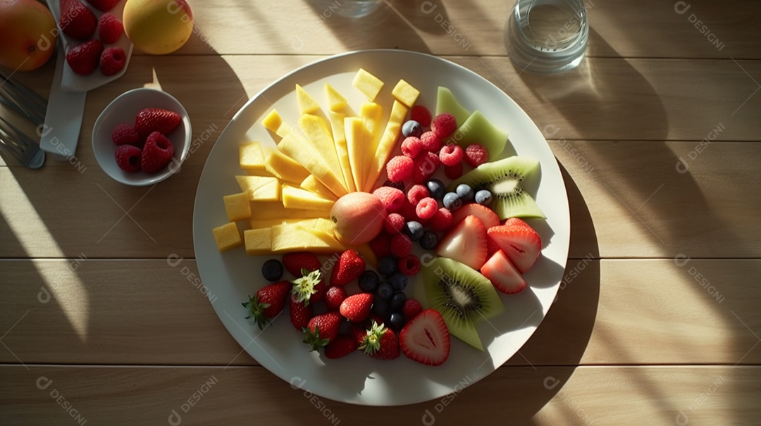 Frutas sobre prato em uma mesa de madeira