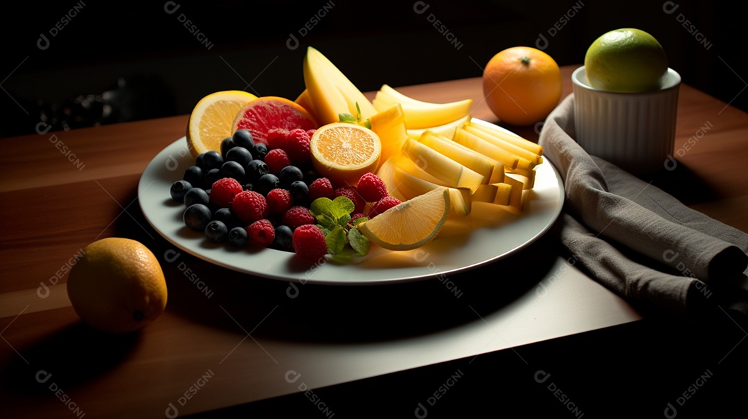 Frutas sobre prato em uma mesa de madeira