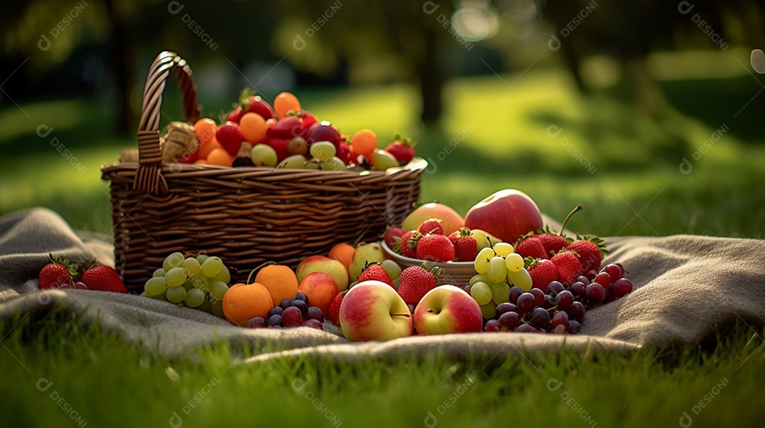 Frutas comida alimentos sobre uma cesta em um campo de piquenique