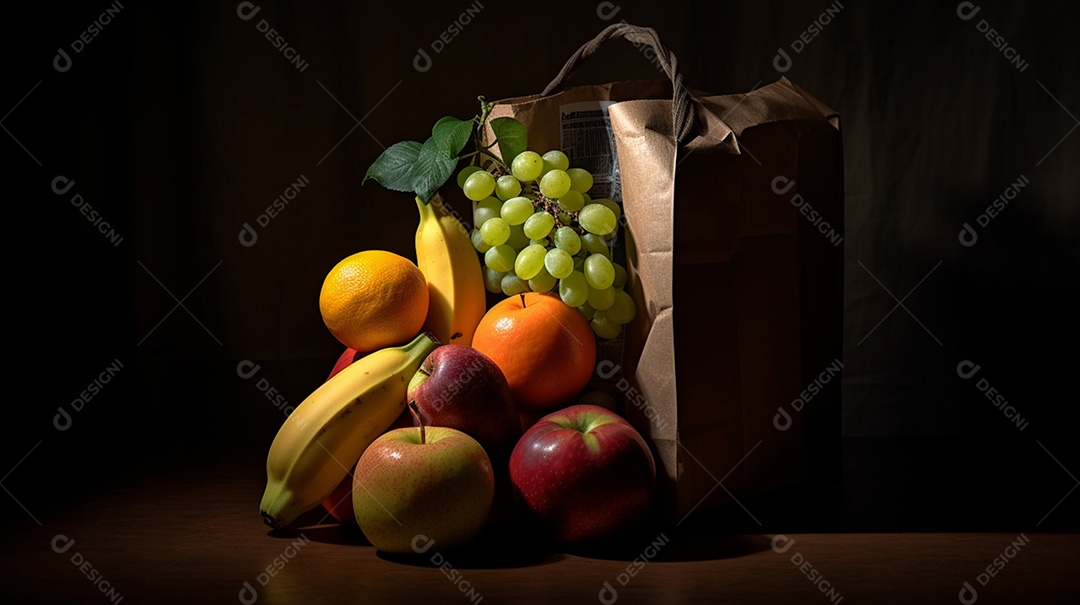 Frutas sobre sacolas em um fundo isolado
