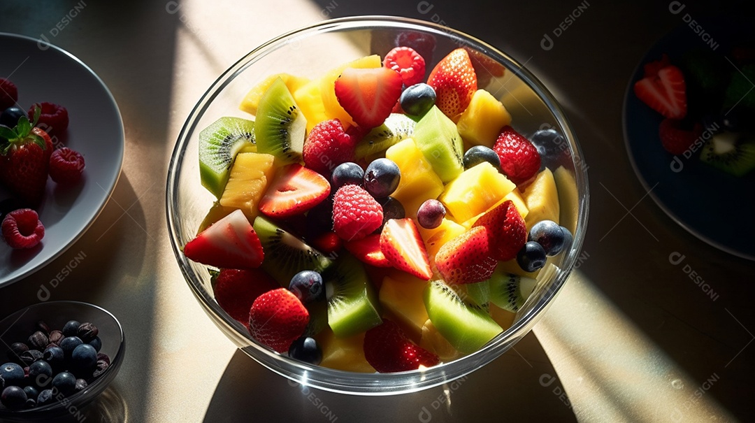 Frutas cortadas sobre uma tigela sobre fundo isolado