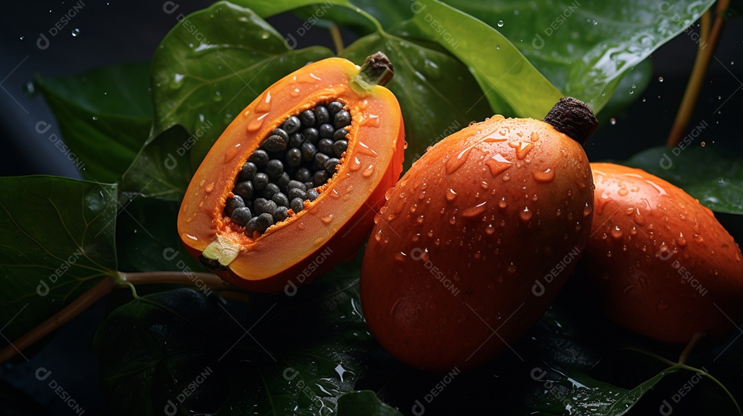 Mamão partido ao meio sobre fundo isolado