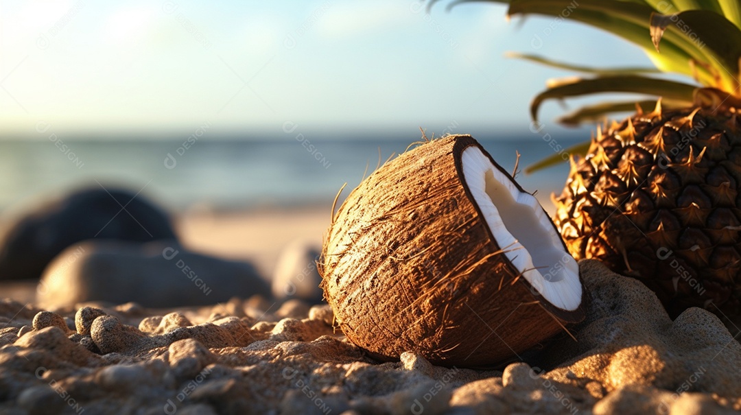Coco partido ao meio sobre fundo praia