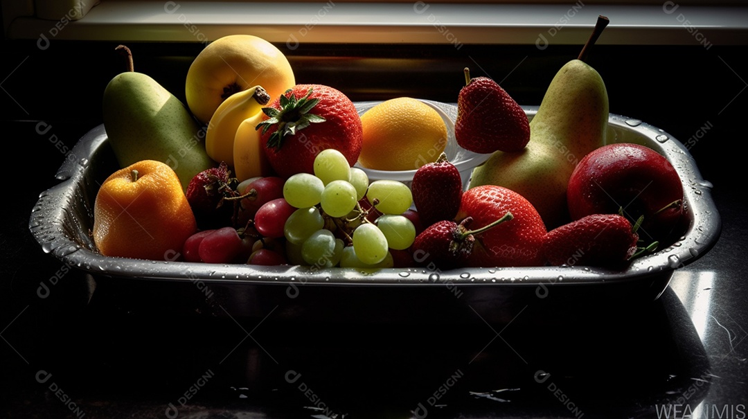 Frutas sobre tábua de madeira em uma mesa de madeira