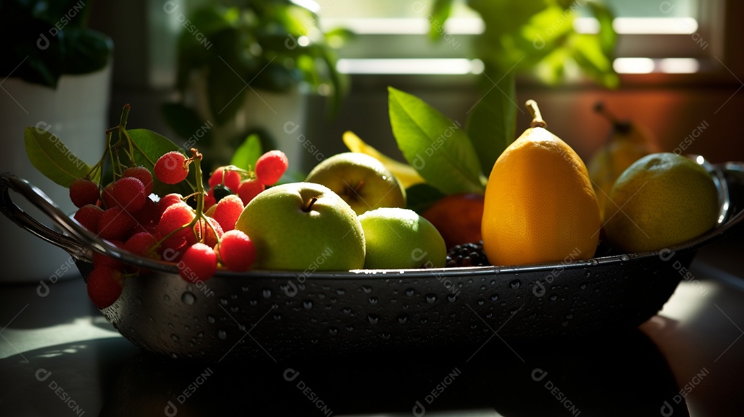 Frutas sobre tábua de madeira em uma mesa de madeira
