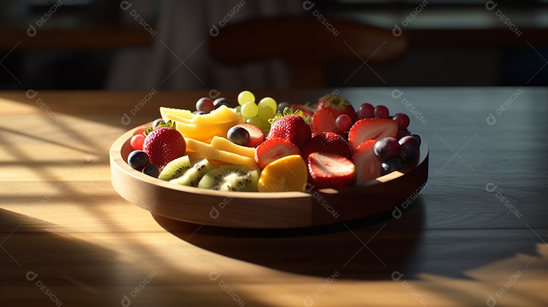 Frutas cortadas sobre tábua de madeira em uma mesa de madeira