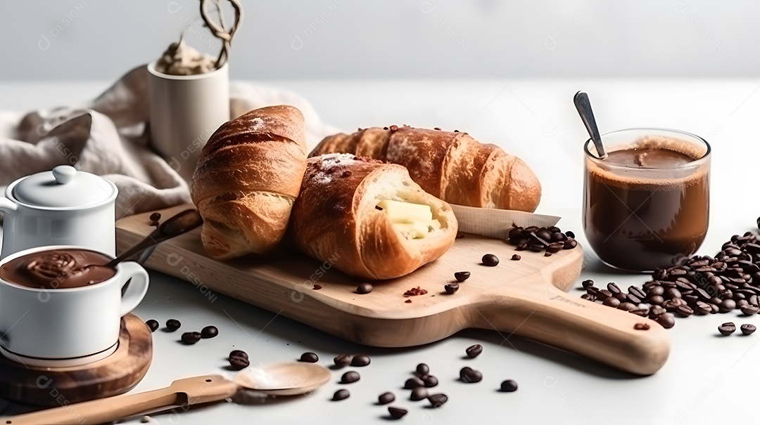 Pães fresco sobre uma tábua de madeira de padaria