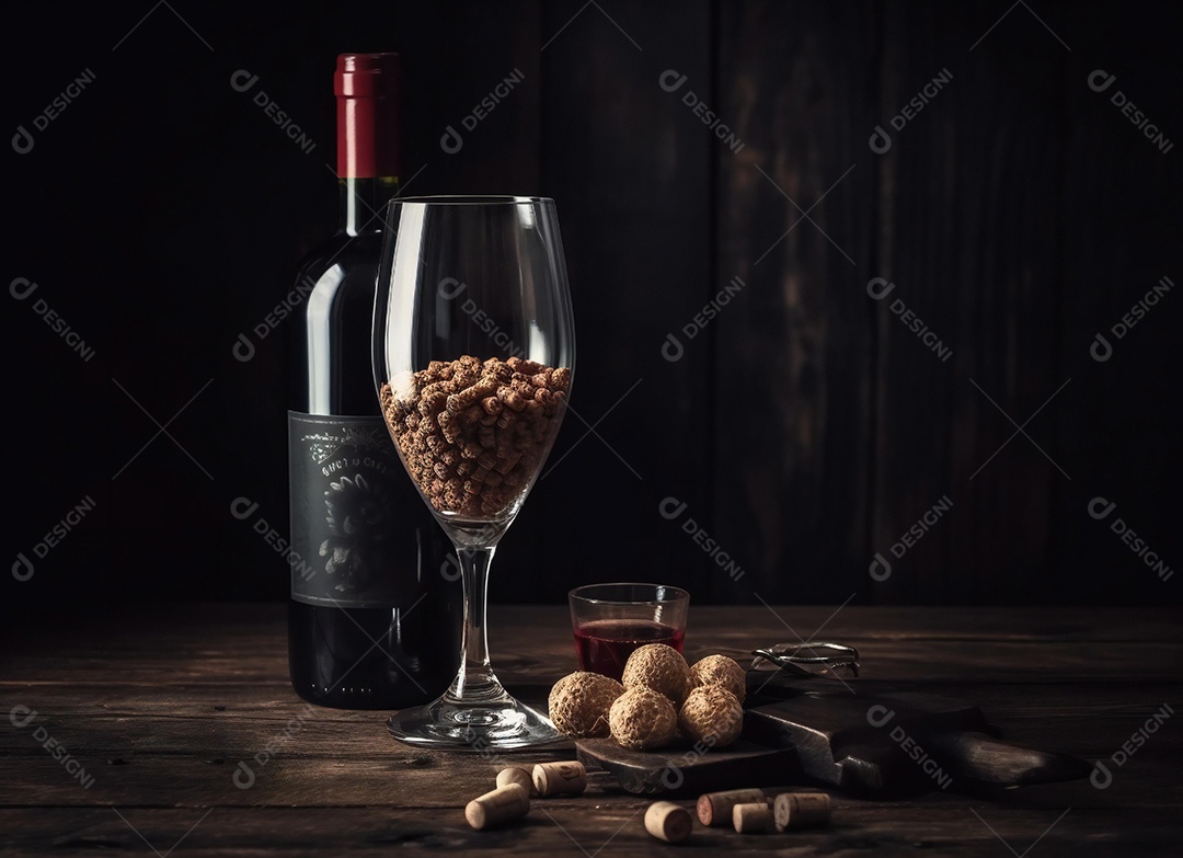 Garrafa de vinho ao lado de taça de vidro sobre fundo isolado