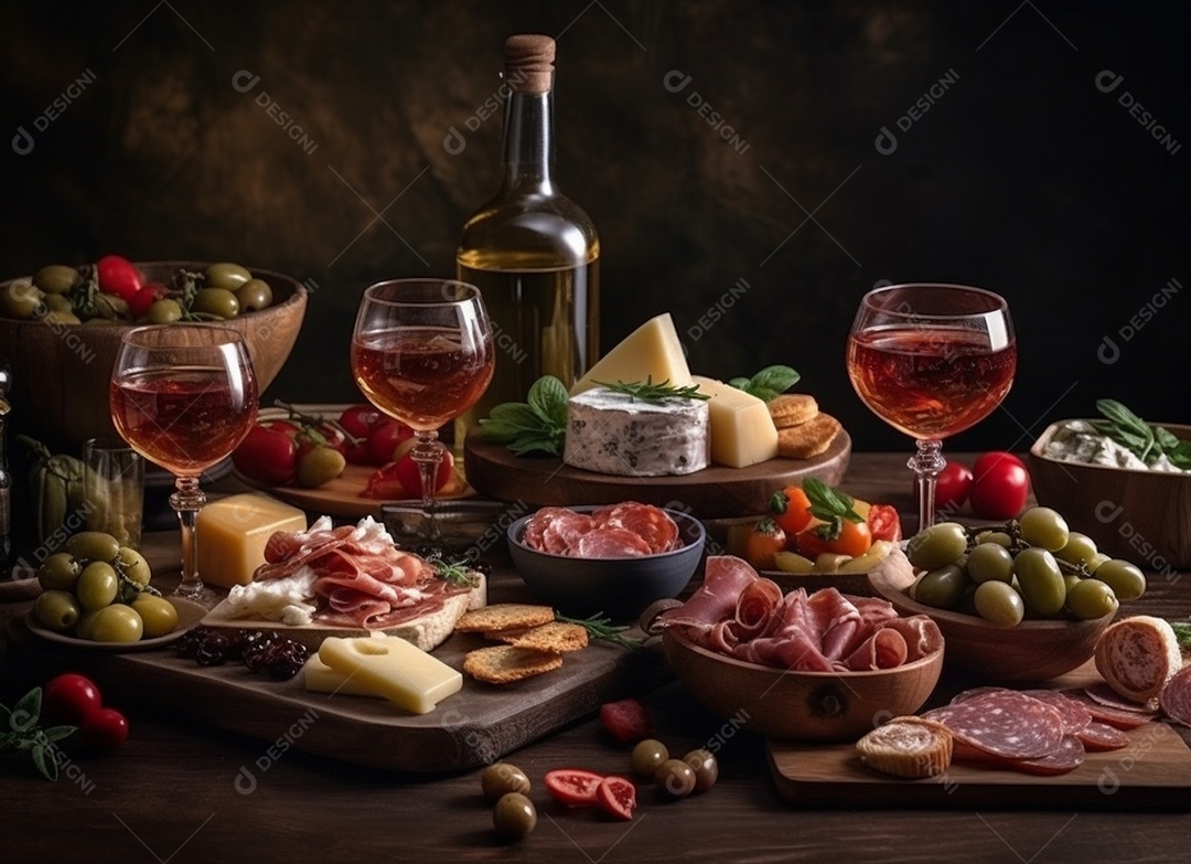 Banquete sobre uma mesa de madeira