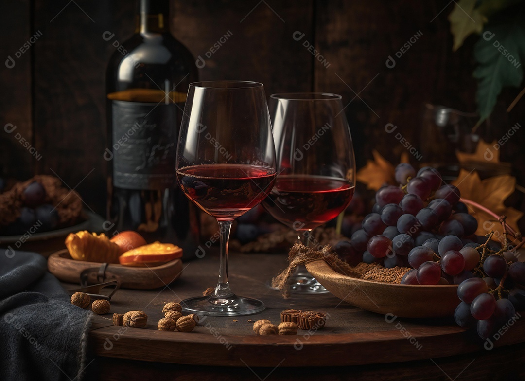 Taças de vinho sobre fundo garrafa de vinho