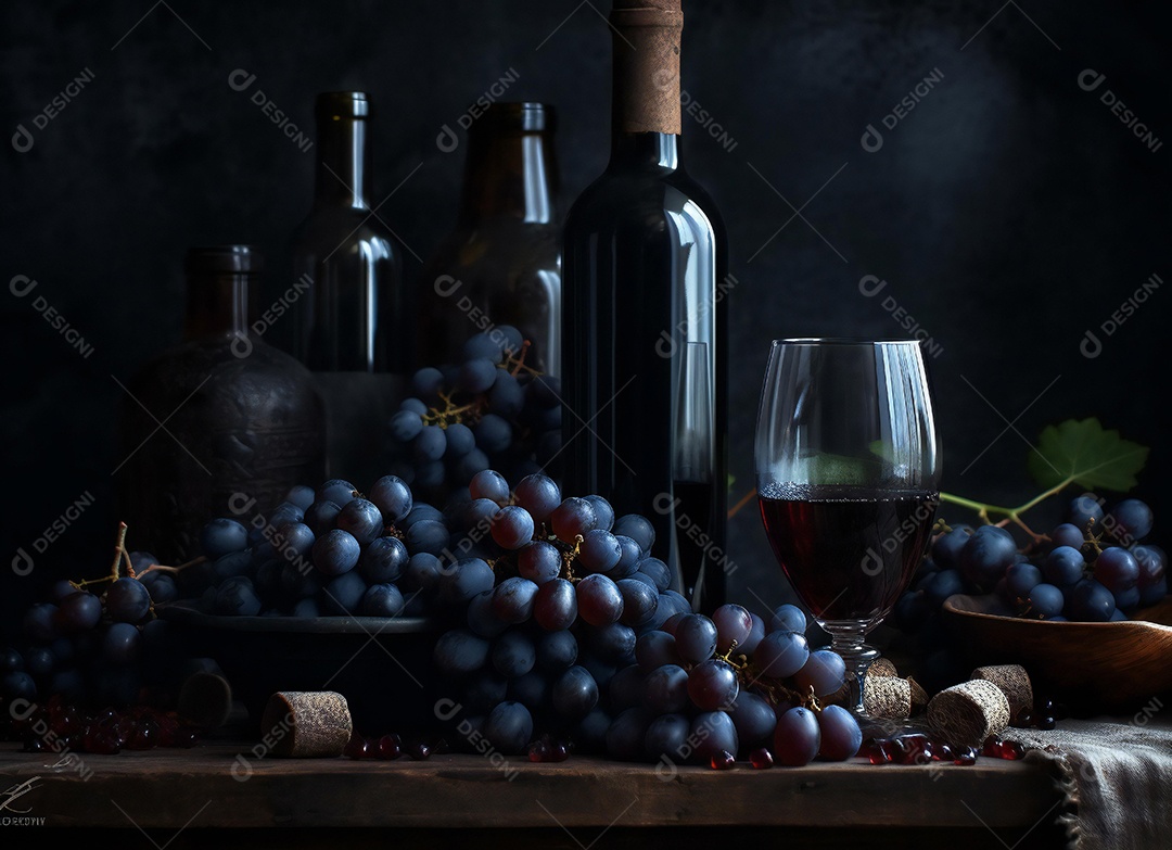 Taças de vinho sobre fundo garrafas de vinho