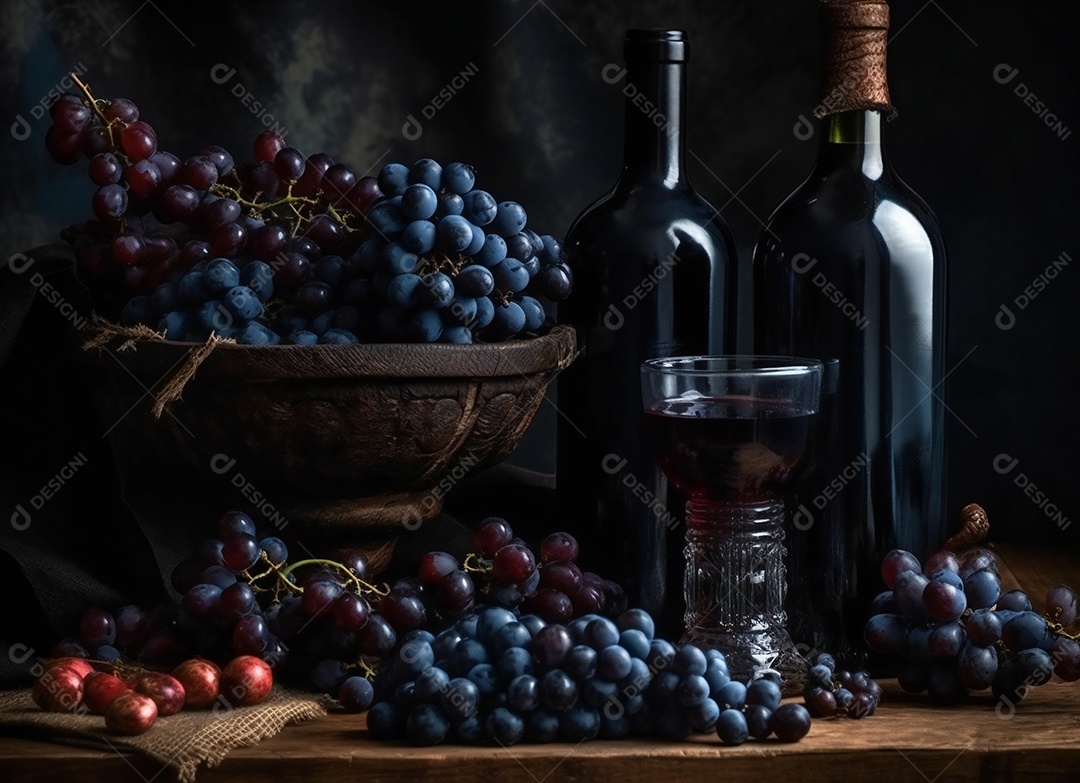 Taças de vinho sobre fundo garrafas de vinho