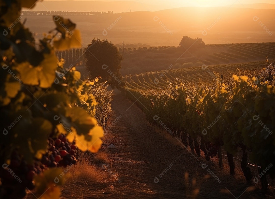 Lindo pôr do sol em um plantio de uvas