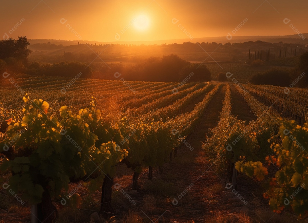 Lindo pôr do sol em um plantio de uvas