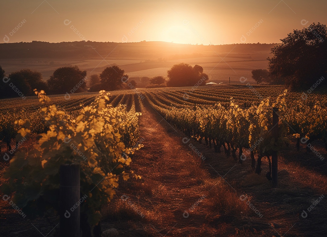 Lindo pôr do sol em um plantio de uvas