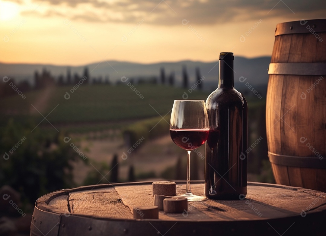 Garrafa de vinho ao lado de taça de vidro sobre fundo paisagem