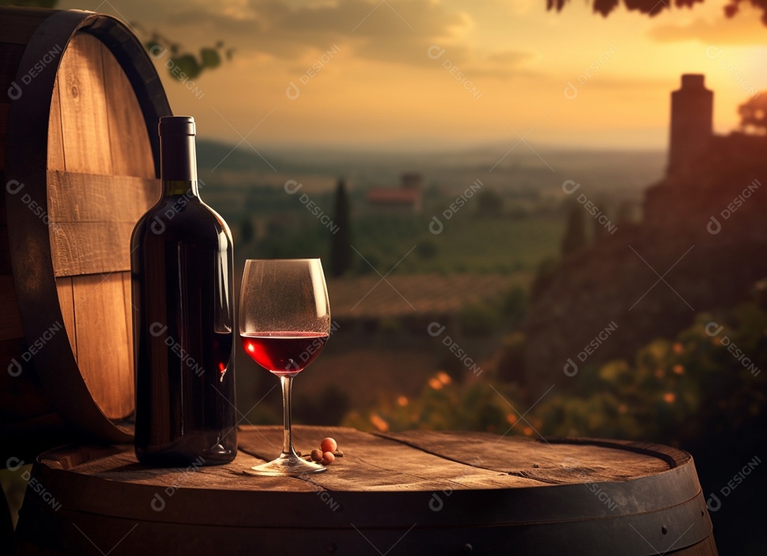 Garrafa de vinho ao lado de taça de vidro sobre fundo paisagem