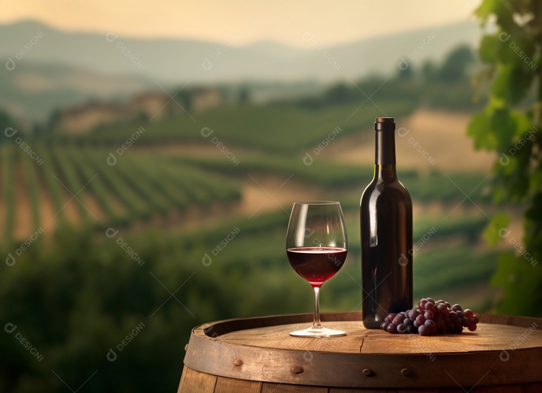 Garrafa de vinho ao lado de taça de vidro sobre fundo paisagem