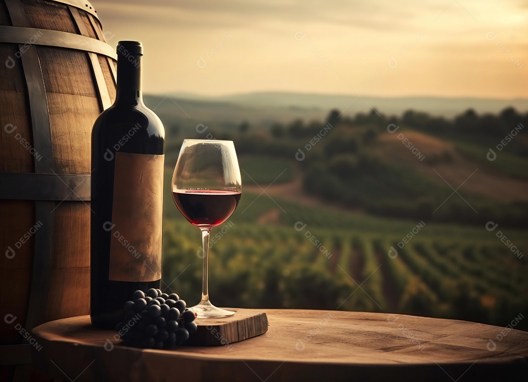 Garrafa de vinho ao lado de taça de vidro sobre fundo paisagem