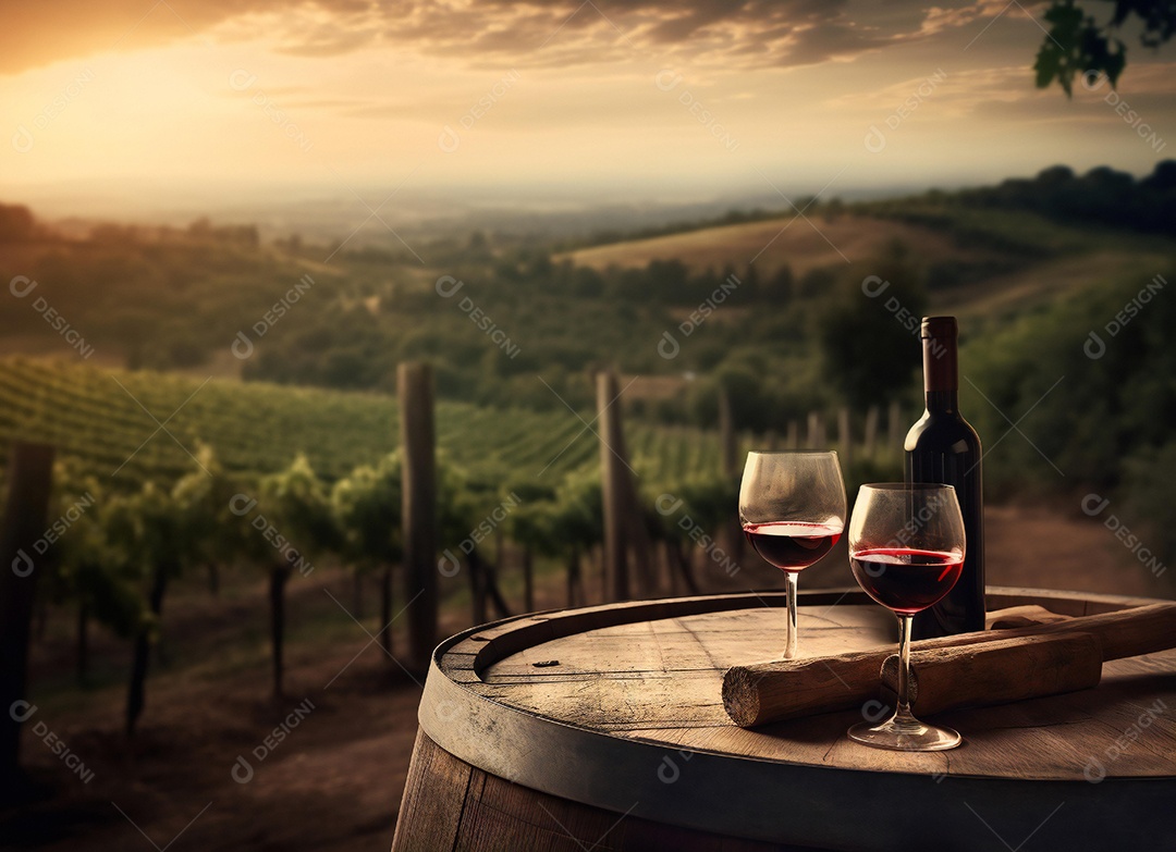 Garrafa de vinho ao lado de taça de vidro sobre fundo paisagem
