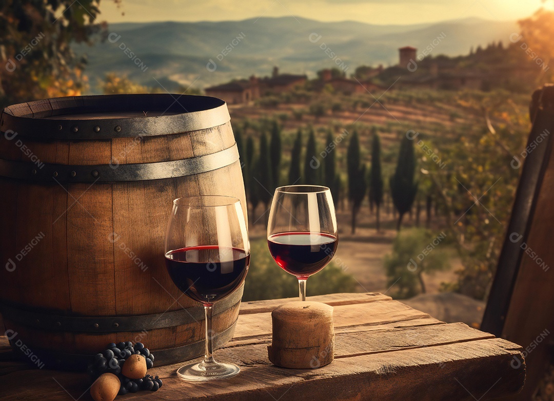 Garrafa de vinho ao lado de taça de vidro sobre fundo paisagem