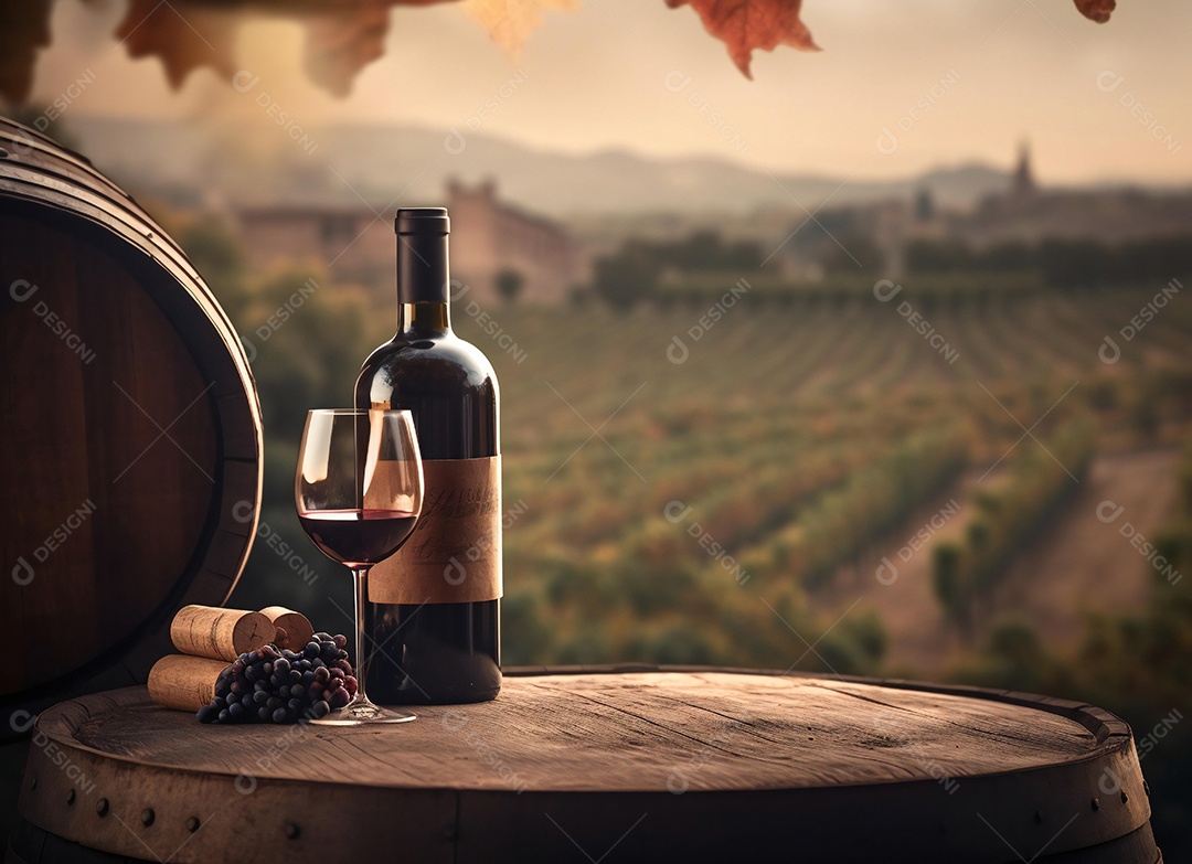 Garrafa de vinho ao lado de taça de vidro sobre fundo paisagem