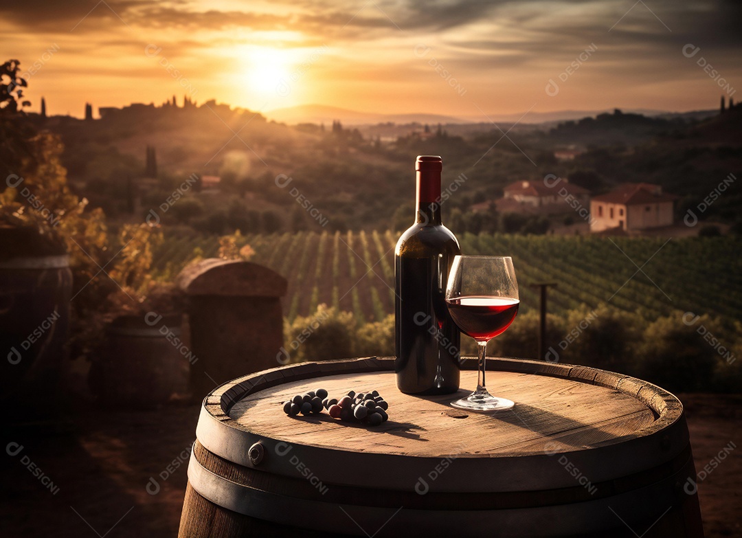Garrafa de vinho ao lado de taça de vidro sobre fundo paisagem