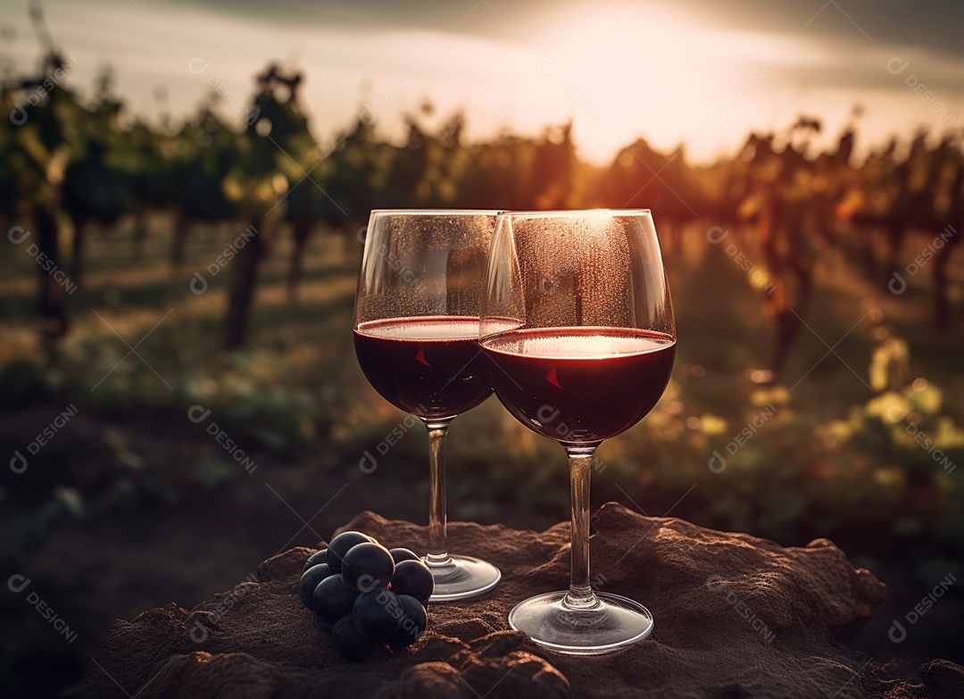 Taças de bebida vinho sobre fundo plantio de uvas