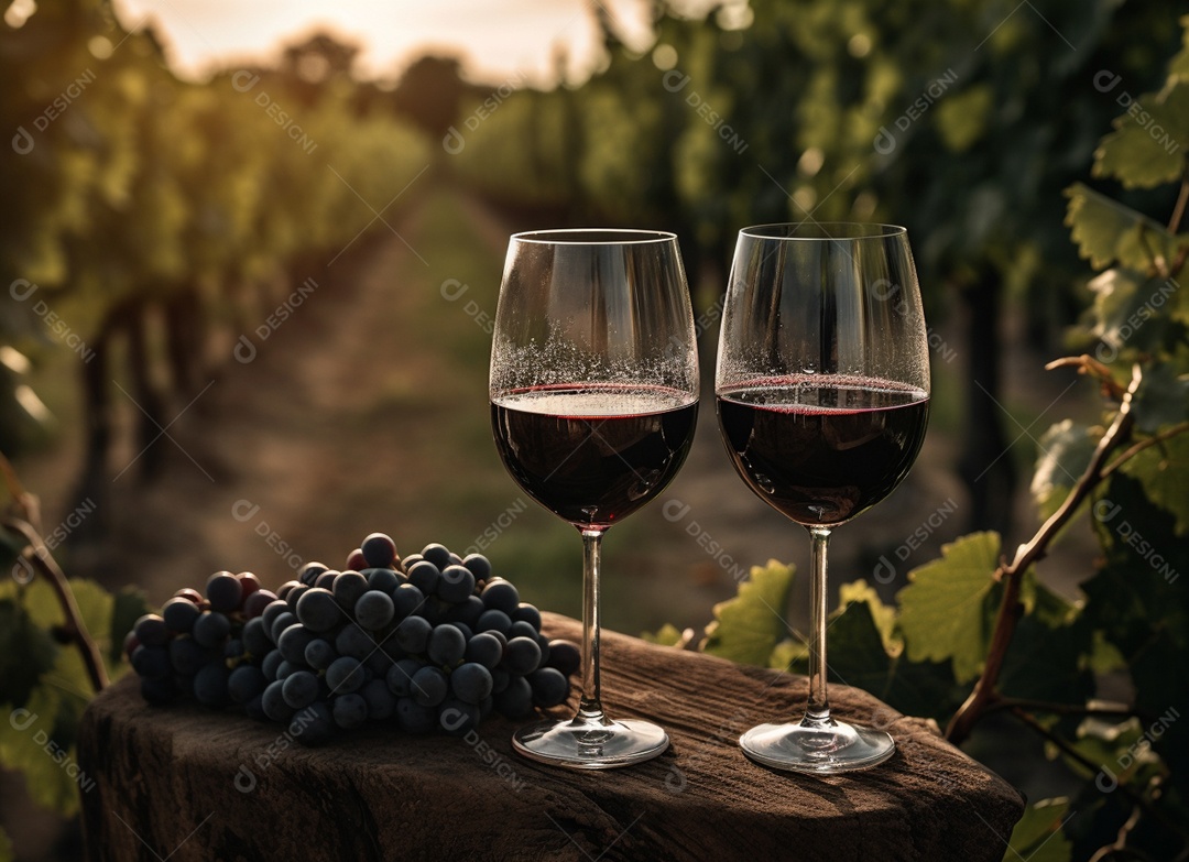 Taça de vinho sobre fundo plantio de uvas