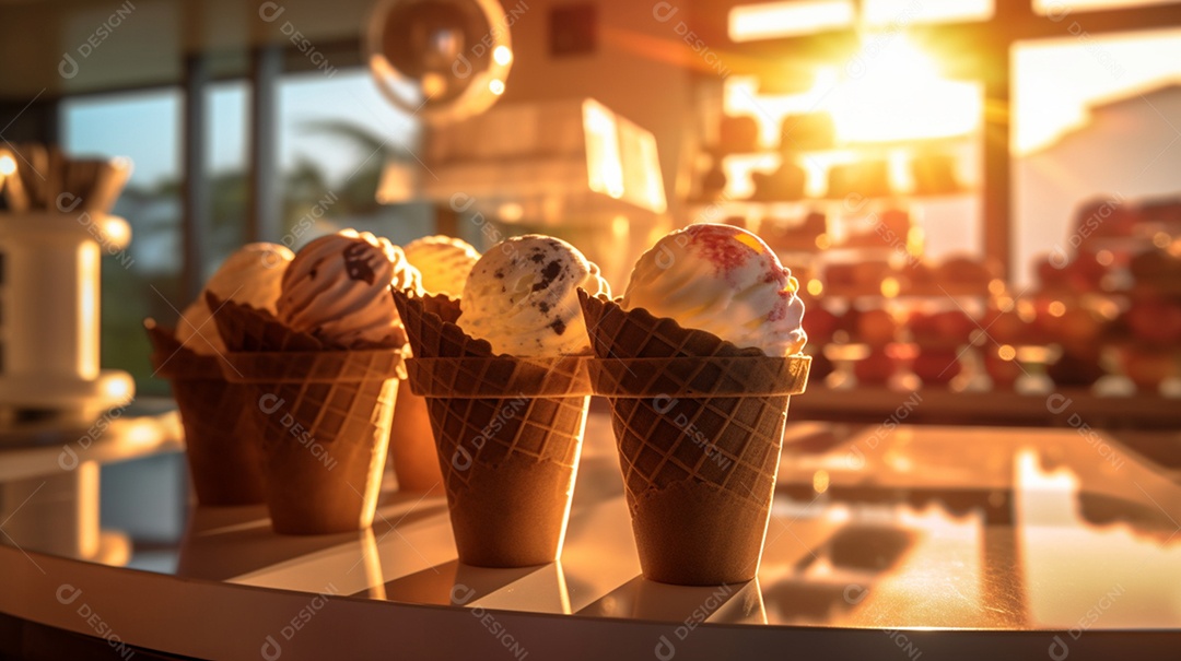 Copos de sorvete sobre uma mesa de madeira