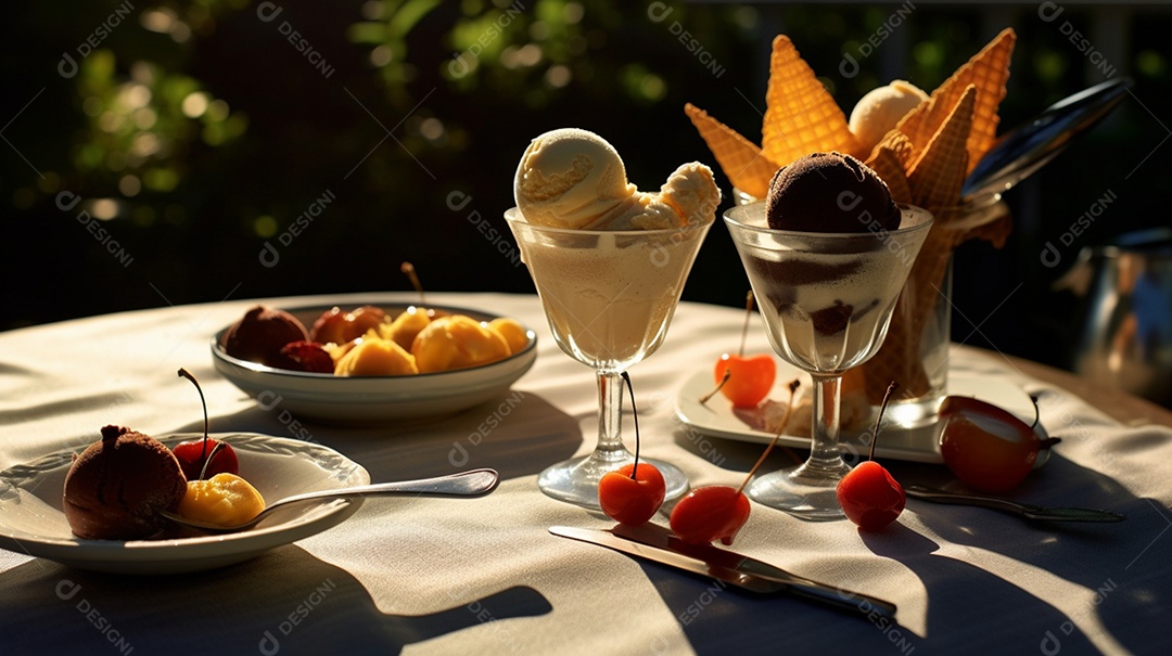 Copo de sorvete sobre uma mesa de madeira