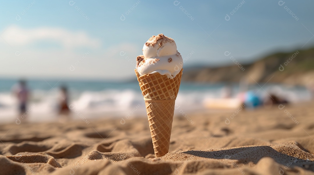 Sorvete de casquinha sobre fundo praia