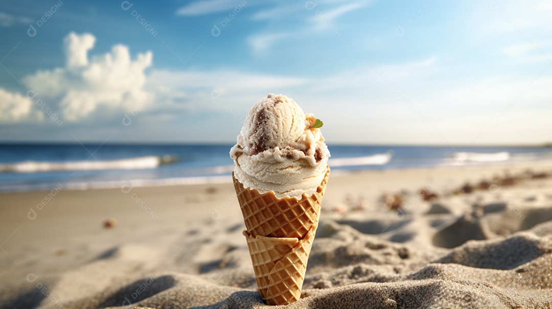Sorvete de casquinha sobre fundo praia