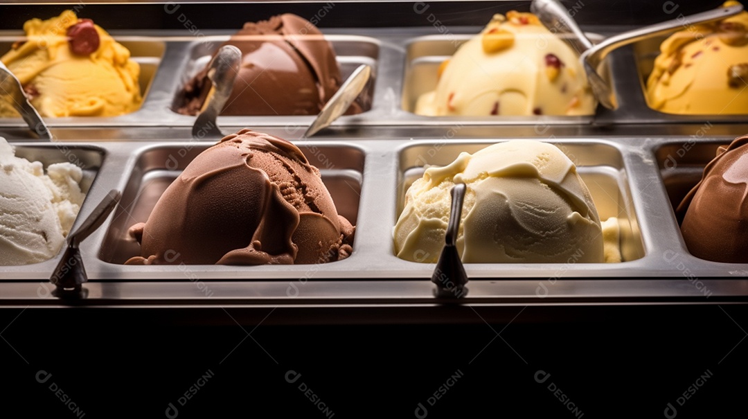 Bolas de sorvete sobre freezer de uma sorveteria