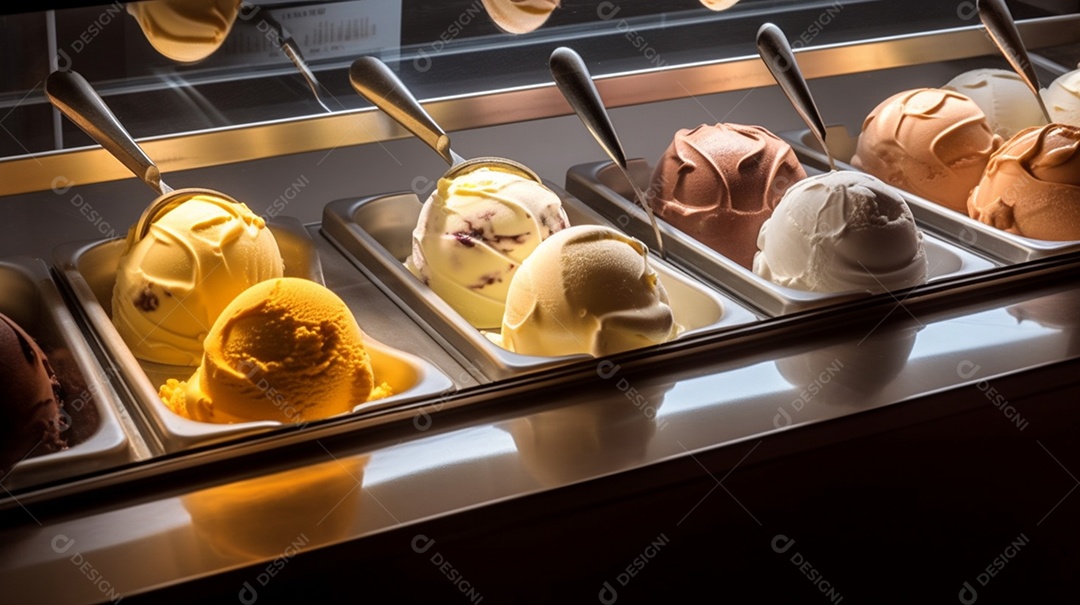 Bolas de sorvete sobre freezer de uma sorveteria