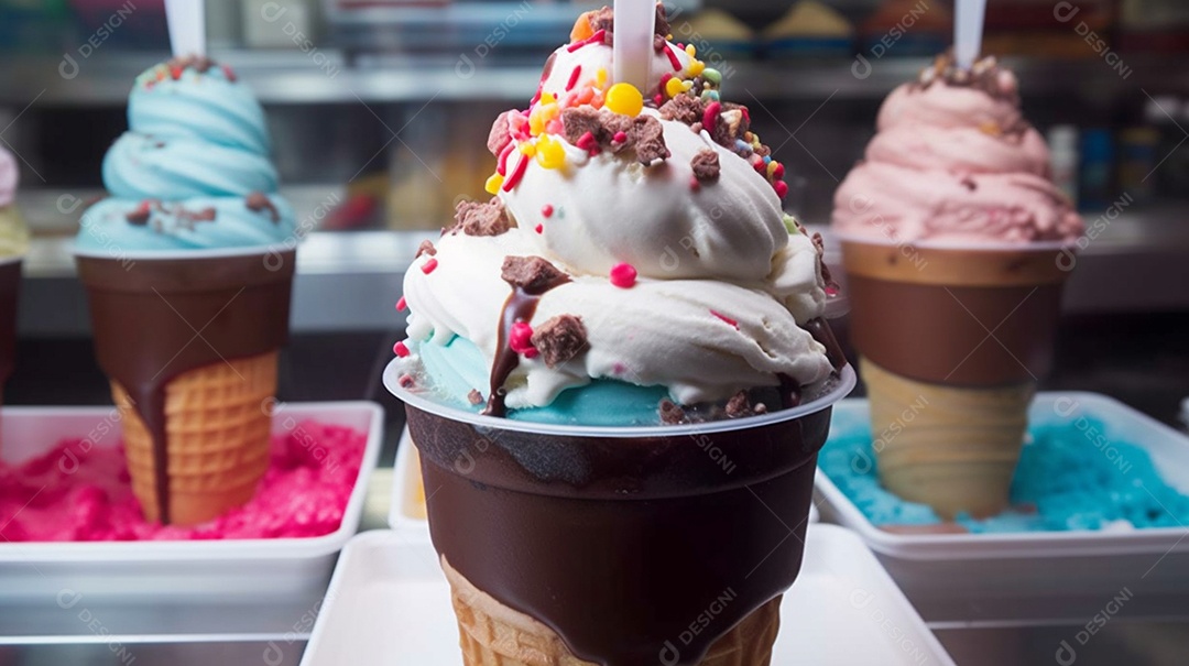 Copos de sorvete sobre uma mesa de sorveteria
