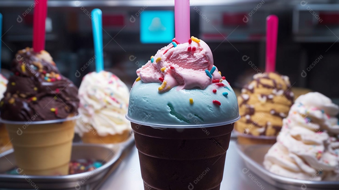 Copos de sorvete sobre uma mesa de sorveteria