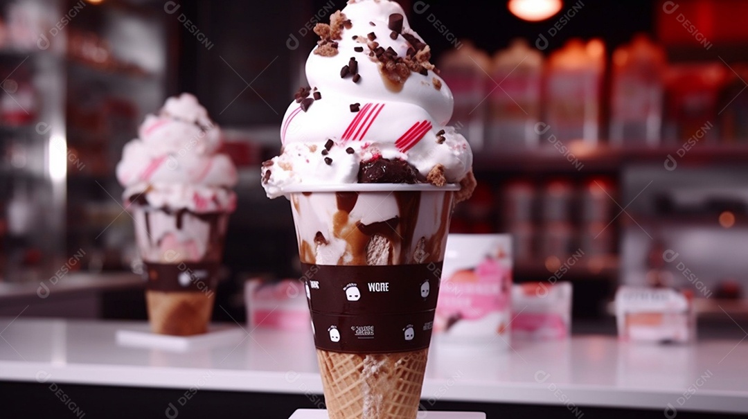 Copo de sorvete sobre uma mesa de madeira