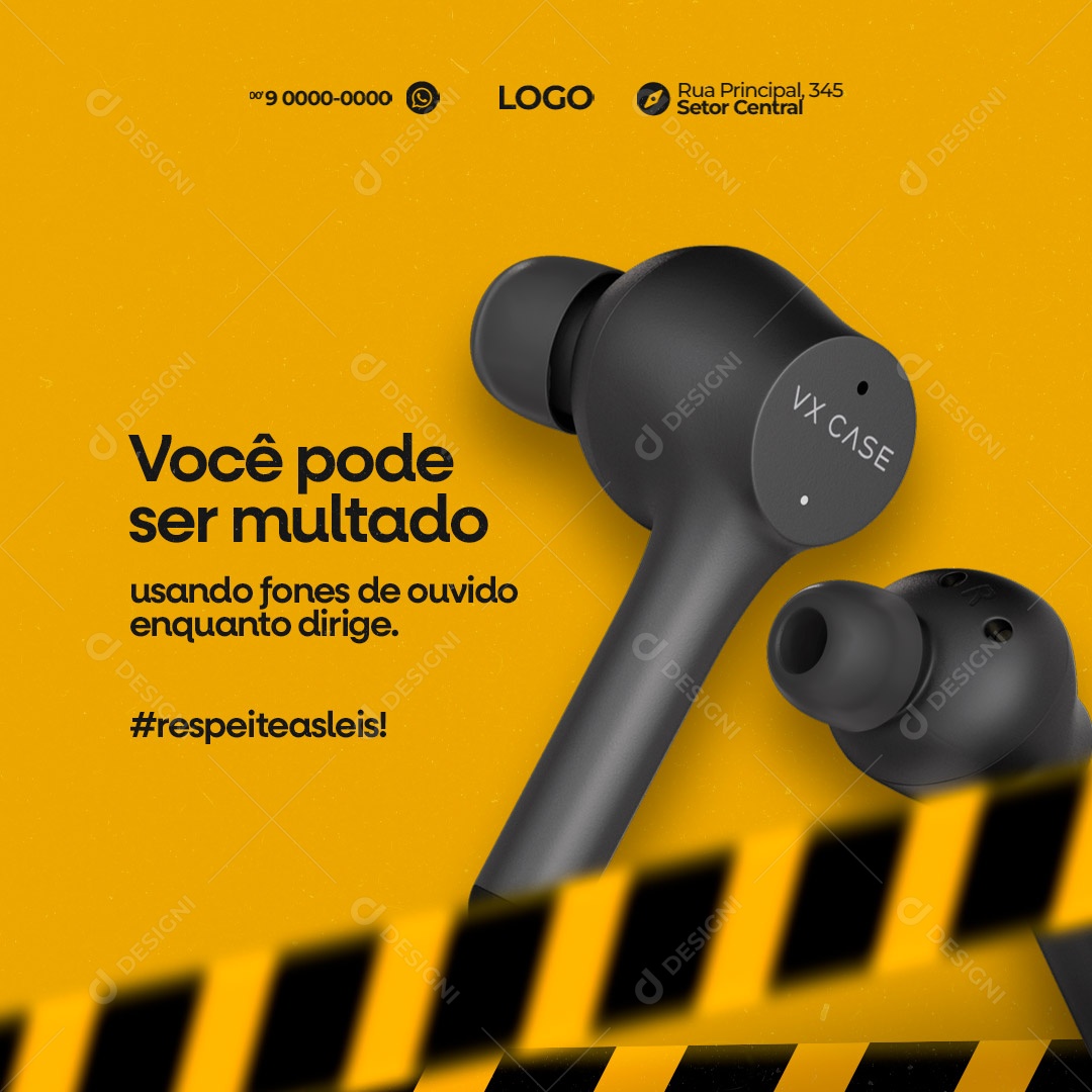 Você Pode Ser Multado Usando Fone de Ouvido Enquanto Dirige. Autoescola Social Media PSD Editável