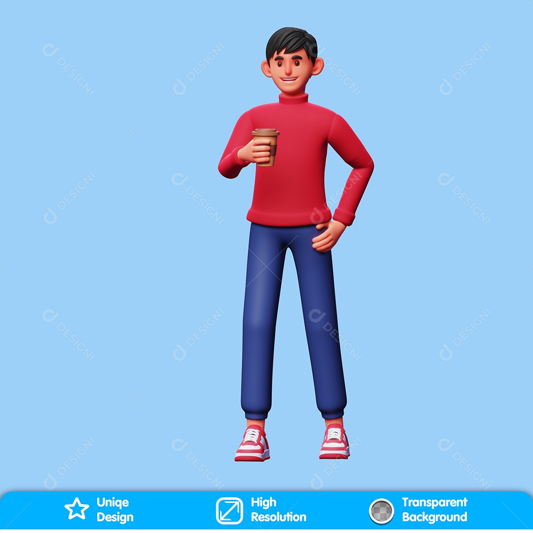 Personagem Tomando Café Elemento 3D Composição PSD