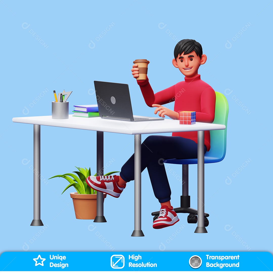 Personagem Tomando Café Na Frente Do Computador Elemento 3D Para Composição PSD