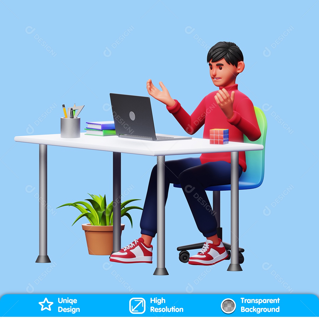 Personagem Contrariado Na Frente Do Computador Elemento 3D Para Composição PSD